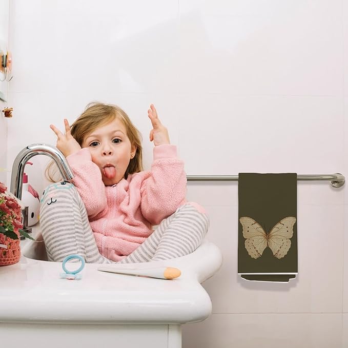 Vintage Butterfly Kitchen Towels, Cottagecore Dark Green Butterfly Decorative Dish Tea Towels for Kitchen, Antique Insect Moth Hand Towels for Bathroom, 16x24 Inch