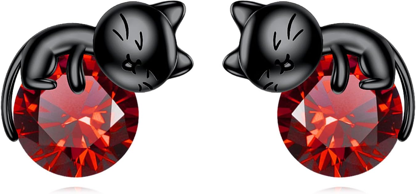 Sterling Silver Birthstone Black Cat Stud Earrings - Cat Birthstone Earrings for Women's Birthday Gift