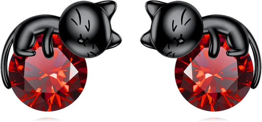 Sterling Silver Birthstone Black Cat Stud Earrings - Cat Birthstone Earrings for Women's Birthday Gift