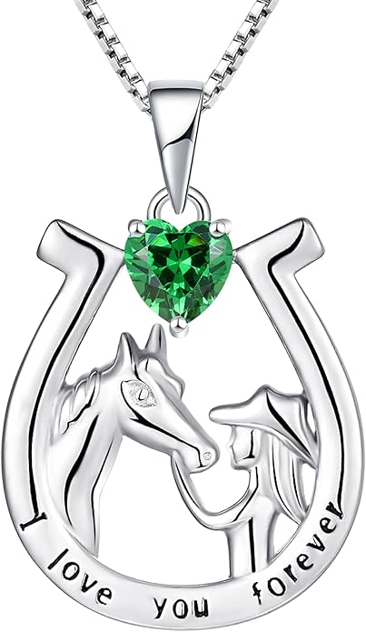 YL Women's Horse Necklace 925 Sterling Silver Horseshoe Pendant Birthstone Animals Jewelry