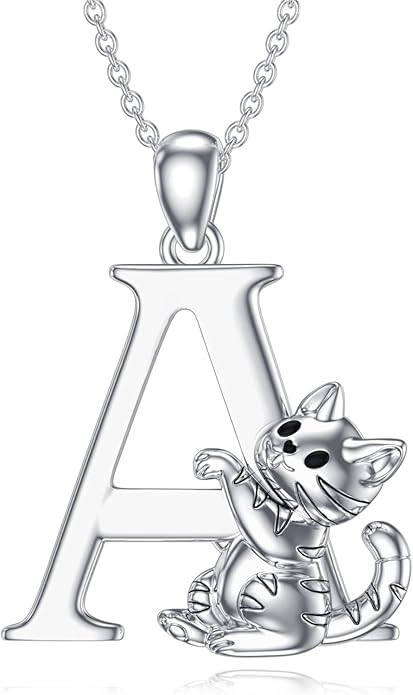 LONAGO Cat Initial Pendant Necklace Silver A to Z Letters Alphabet Necklace Gift for Women