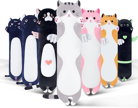 Long Cat Plush Body Pillow, Cute Cat Plush Toy Pillows with Wings, Stuffed Animals Kitten Soft Plushies Gifts for Kids Girls Girlfriend(Grey, 43.3in/110cm)