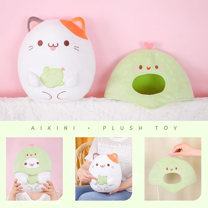 AIXINI Cute Cactus Cat Plush Pillow 10" Kitten Stuffed Animal, Soft Kawaii Cat Plushie with Cactus Outfit Costume, Hugging Plush Squishy Pillow Toy