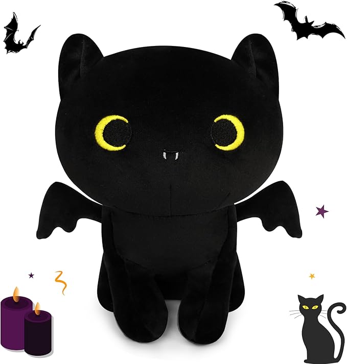 Halloween Cat Plush, Black Cat & Bat Plushies for Kids, Soft Stuffed Animal, Party Favor