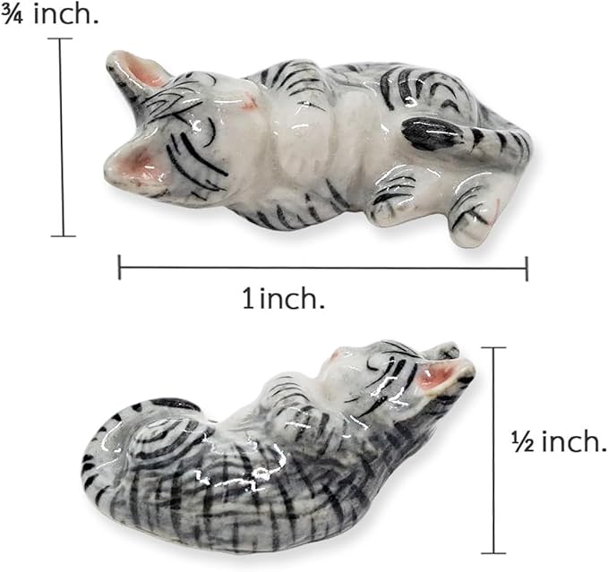 WitnyStore Tiny 1" Long Gray White Tabby Shorthair Cat Sleeping Figurine - Miniature Hand Made Painted Ceramic Cats Kitten Feline Animal Cute Porcelain Decorative Collectible Figurines Décor Gifts