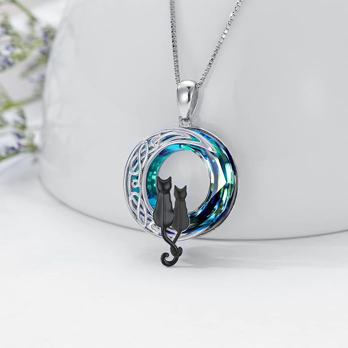 TOUPOP Cat Gifts for Cat Lovers 1 2 3 Cats Necklace Sterling Silver Cat on the Moon Pendant Necklace with Blue Circle Crystal Birthday Christmas Celtic Jewelry Gifts for Women