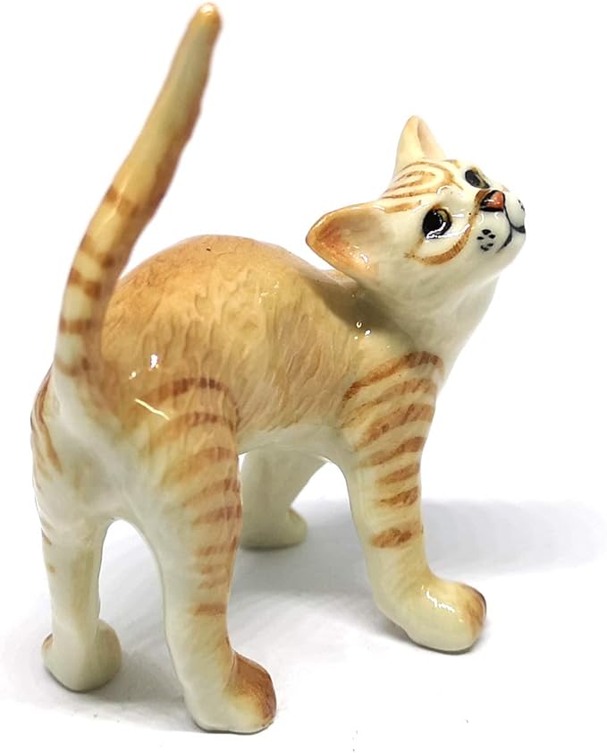 ZOOCRAFT Ceramic Cat Figurine Collectible Stretching Brown Kitty Hand Painted Animal Miniature Home Decor