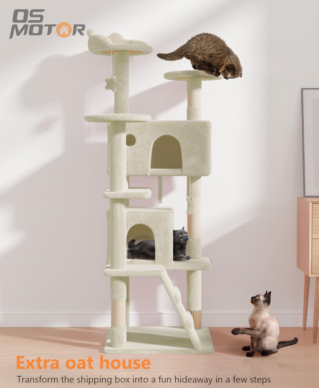 60'' Cat Tree Tower for Indoor Cats Large Adult,Cute/Tall Modern Cat Tree for Big Cats 20 lbs, Plush Multi-Level Cat Condo with Scratching Posts, Dangling Ball Indoor (Beige, 60 inch)
