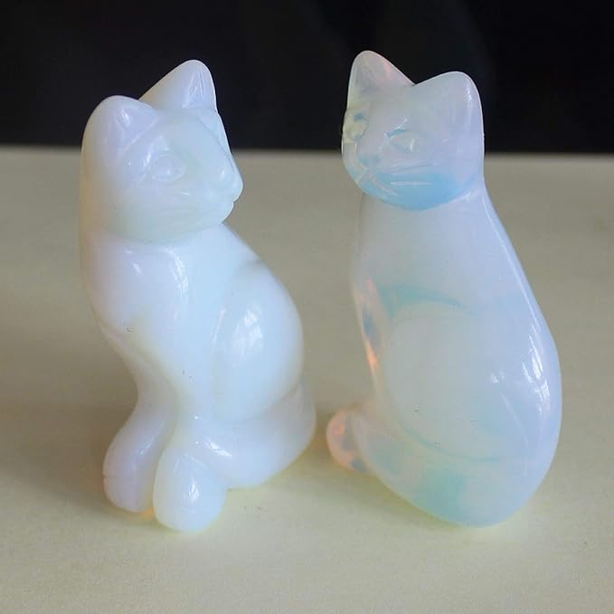 2'' Hand Carved Mixed Gemstone Crystal cat Figurine Animal Carving (White opalite)