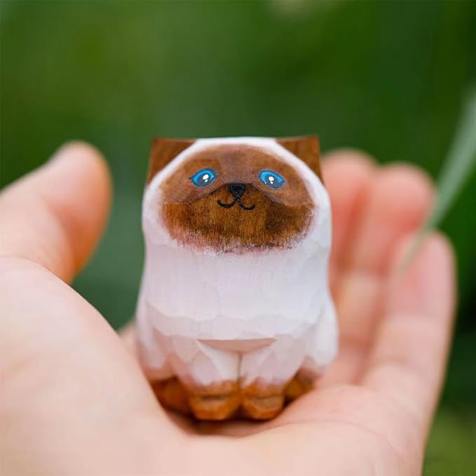 Hand Carved Siamese Cat Figurine - Wooden Craft, Cute Statue Home Decor, Unique Figure Collectibles Gift for Cat Lovers