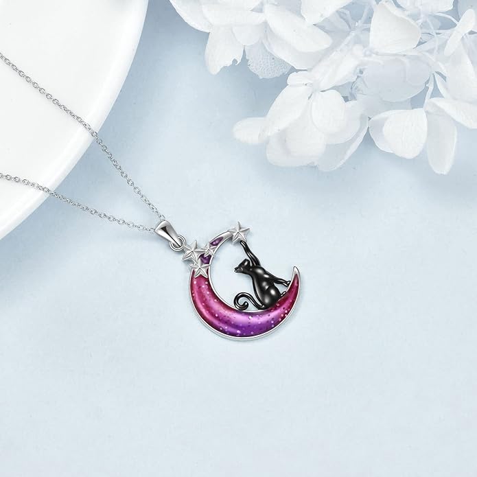 925 Sterling Silver Moon Black Cat Necklace for Women - Tree of Life Jewelry with Abalone Stone - Cat Lover Birthday Gift