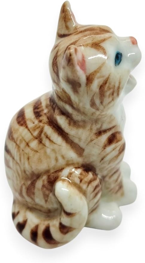 WitnyStore Tiny 1⅜" Long Brown White Tabby Shorthair Cat Sitting Yawn Figurine - Miniature Hand Made Painted Ceramic Cats Kitten Feline Animal Cute Porcelain Decorative Collectible Figures Décor Gifts