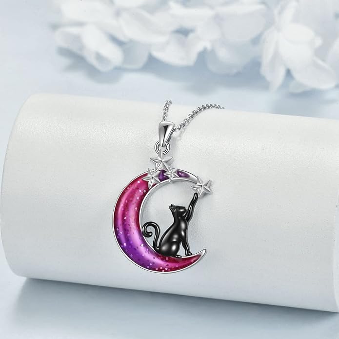 925 Sterling Silver Moon Black Cat Necklace for Women - Tree of Life Jewelry with Abalone Stone - Cat Lover Birthday Gift