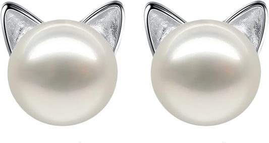 Wicary Cat Earrings Sterling Silver Pearl Earrings for Women Cat Stud Earring for Cat Lovers
