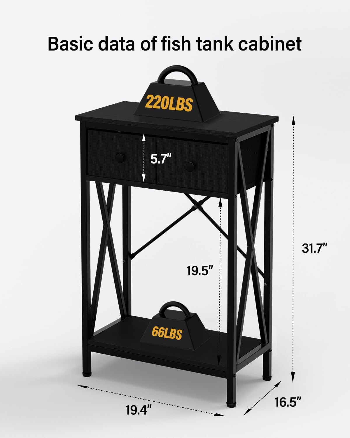 Fish Tank Stand for 5-10 Gallon Fish Tank: Aquarium Stand with Power Outlet - Metal 10 Gallon Tank Stand with Cabinet Drawer Storage for Turtle Tank, Reptile Terrarium (Black, 220LBS Capacity)