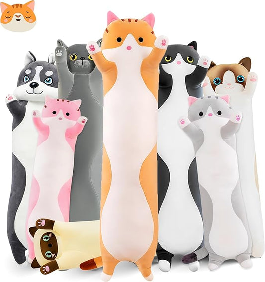 Long Cat Plush Pillow, 27.6in Cute Cat Plushie Stuffed Animals Body Pillow, Yellow Kawaii Kitten Soft Plushie Doll Toy Birthday Gift for Kids Girlfriend