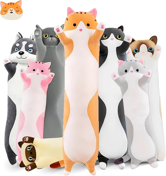 Long Cat Plush Pillow, 43.3in Cute Cat Plushie Stuffed Animals Body Pillow, Yellow Kawaii Kitten Soft Plushie Doll Toy Birthday Gift for Kids Girlfriend
