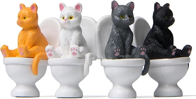 White Miniature Cat Figure Sitting On Toilet Cat Statue Figurine Resin Home Decor Cartoon Animal Garden Statues,Garden Miniatures Arden Sculptures and Statues