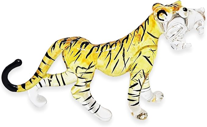 WitnyStore Tiny 2½" Long Yellow Black Standing Tiger Roaring Figurine - Miniature Hand Blown Painted Glass Panthera Wild Cat Small Crystal Wildlife Animals Decorative Collectible Figurines Décor Gifts