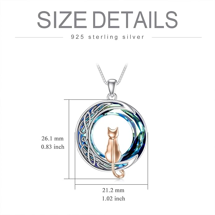 TOUPOP Cat Gifts for Cat Lovers 1 2 3 Cats Necklace Sterling Silver Cat on the Moon Pendant Necklace with Blue Circle Crystal Birthday Christmas Celtic Jewelry Gifts for Women