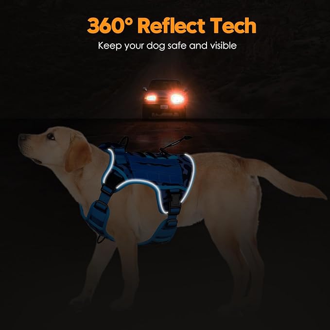 Heavy-Duty Tactical Dog Harness for Large Dogs, No Pull Adjustable Reflective Pet Vest with Molle System, K9 Military-Grade Control for Service Training, Outdoor & 10+ Breeds, Blue Camo, XX-Large