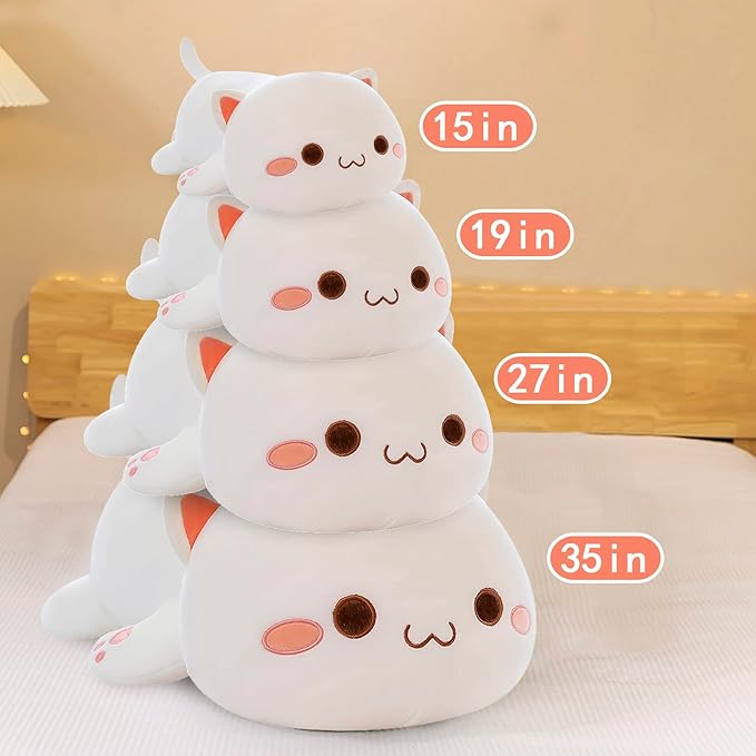 FUYU Cat Stuffed Animals, Soft Cat Plush Pillow Kawaii Kitten Stuffed Animal Toy Gifts for Kids Boys Girls Room Decor (White Round Eyes,19in/50cm)