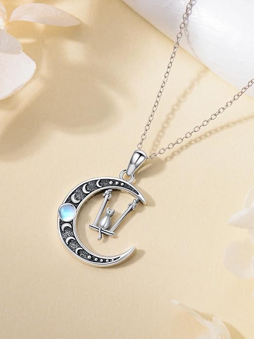Fox/Cat/Axolotl/Sloth/Panda Necklace Crescent Moon Necklace 925 Sterling Silver Cute Animal Jewelry as Birthday Mothers Day Gifts for Women
