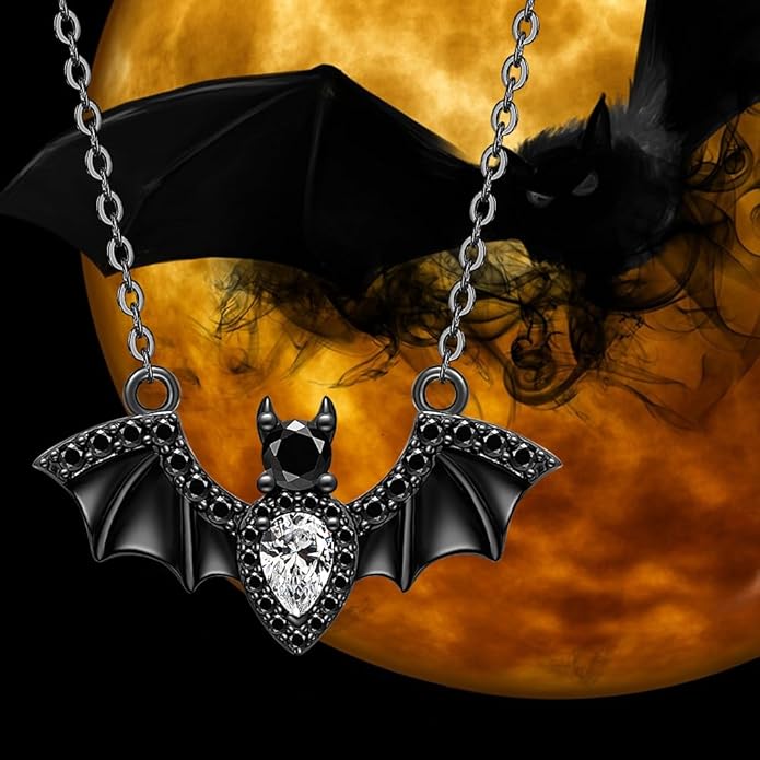 Halloween Bat Necklace for Women Sterling Silver Black Bat Pendant Necklace Gothic Flying Animal