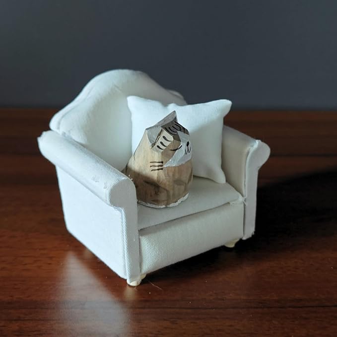 Miniature Wooden Cat Figurines with Sofa – Handcrafted Decorative Cats Set, 3 x 3.1 Inches, Home Décor for Desk, Bookshelf, and Living Spaces