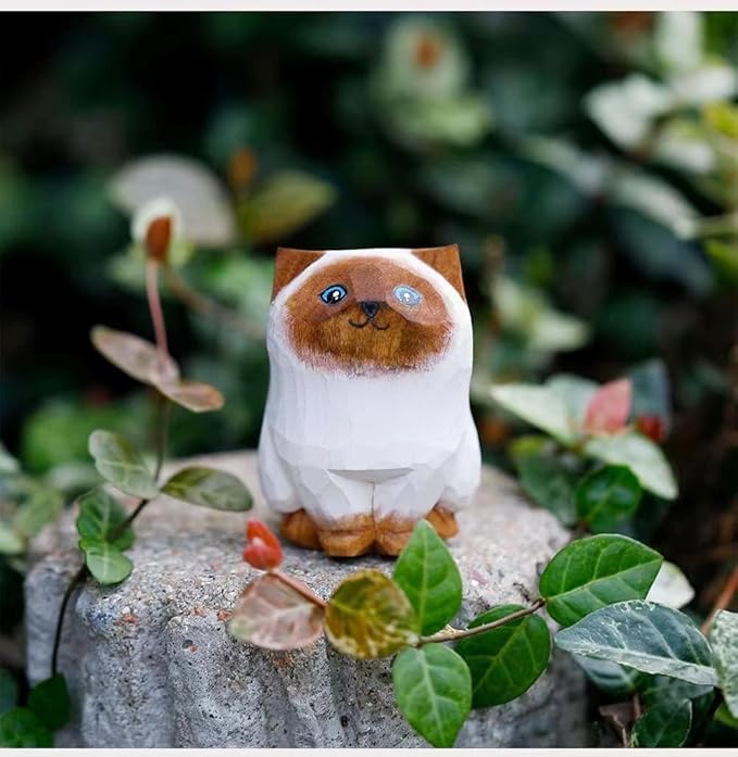Hand Carved Siamese Cat Figurine - Wooden Craft, Cute Statue Home Decor, Unique Figure Collectibles Gift for Cat Lovers