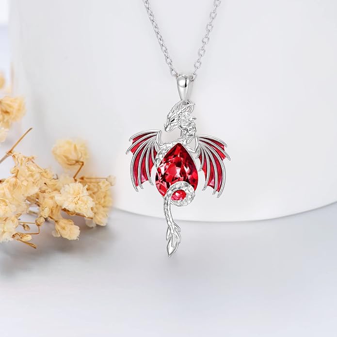 Dragon Necklace for Men Sterling Silver Birthstone Wyvern Necklace Embllished with Teardrop Shaped Crystal Jewelry for Women
