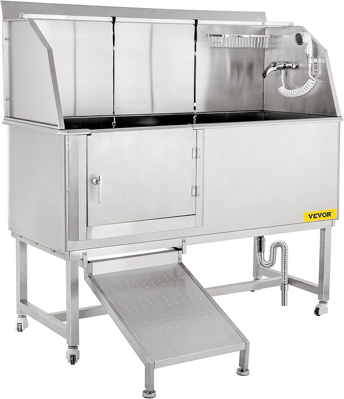 VEVOR Dog Grooming Tub, 62" L Pet Wash Station, 304 Stainless Steel Pet Grooming Tub Rated 661LBS Load Capacity, Non-Skid Dog Washing Station Comes with Ramp, Faucet, Sprayer and Drain Kit