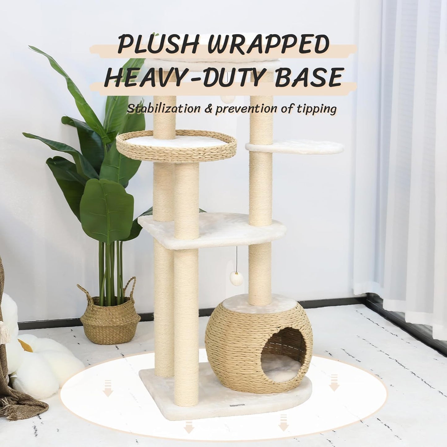 KAMABOKO Modern Cat Tree, 53" Cat Tower for Indoor Cats Natural Sisal Scratching Posts, Hand-Woven Condo & Top Perch, Cat Tree Tower for Kittens Climb Play & Rest