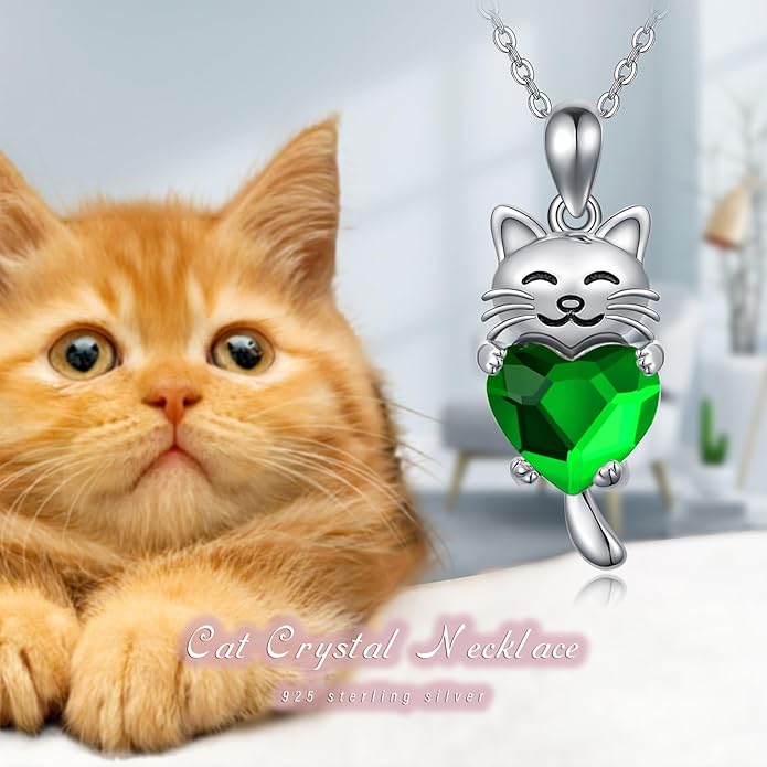 JUSTKIDSTOY Sterling Silver Cute Animal Pendant Necklace with Crystal Cat Pendant - Women's Cat Lovers Jewelry Gift