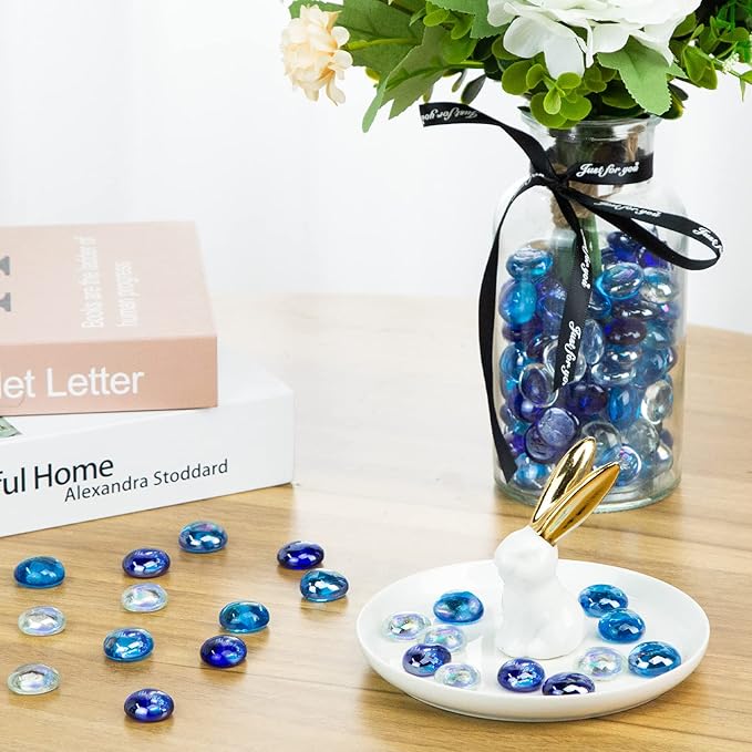 FUTUREPLUSX 1LB Iridescent Flat Glass Marbles, Blue Mixed Glass Beads Vase Fillers Decorative Gem Pebbles Sparkling Floral Fish Tank Rocks for Vases Table Scatter Aquarium Decor DIY Craft