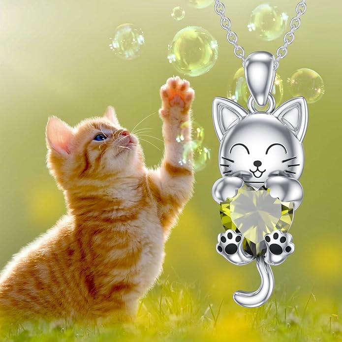 LONAGO Cat Necklace with Heart Birthstone Cat Pendant Necklace Sterling Silver Gifts for Women