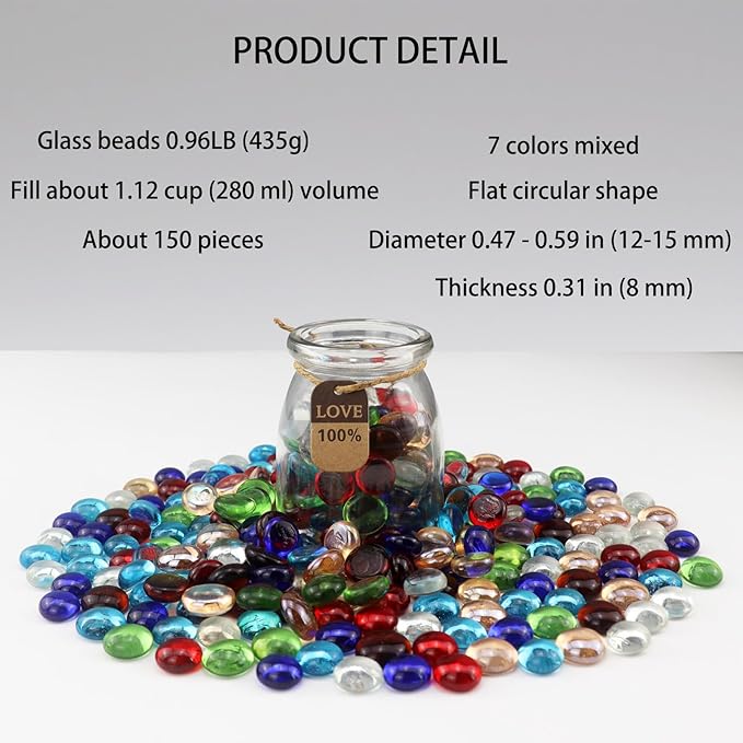 0.96LB Glass Beads Mix Colors Vase Filler Aquarium Gravel Decor Flat Glass Marbles Gems Pebbles Fish Tank Rocks Home Decorative Art Craft - 7 Colors Mixed