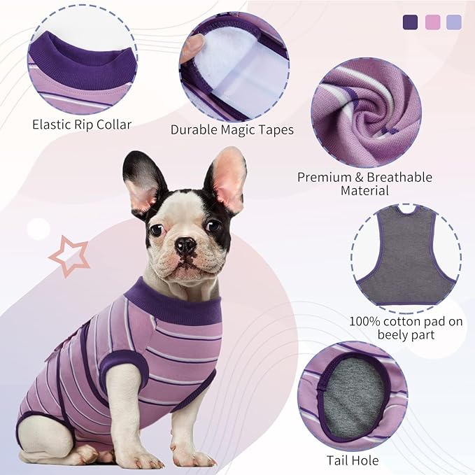 Kuoser Dog Surgery Recovery Suit for Female Male Dogs, Stripes Spay Neuter Anti-Licking Dog Onesie, Abdominal Wounds Surgical Suit Snugly Pet Collar Alternative Post Surgery Vest Bodysuit, Purple M