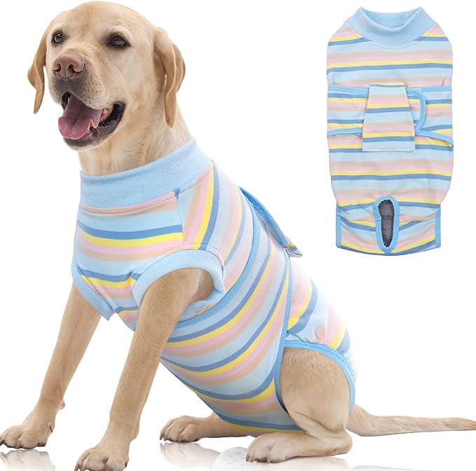 FUAMEY Recovery Suit for Dogs After Surgery,Soft Breathable Dog Bodysuit E-Collar & Cone Alternative Surgical Suit,Male Female Dog Neuter Spay Suits Anti Licking Wounds Onesie Blue Yellow Stripes XL