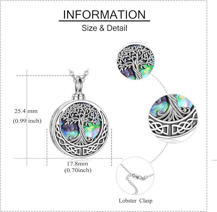 URONE Urn Necklaces for Ashes 925 Sterling Silver Abalone Shell Tree of Life Cremation Jewelry for Ashes Memory Jewelry for Women Men