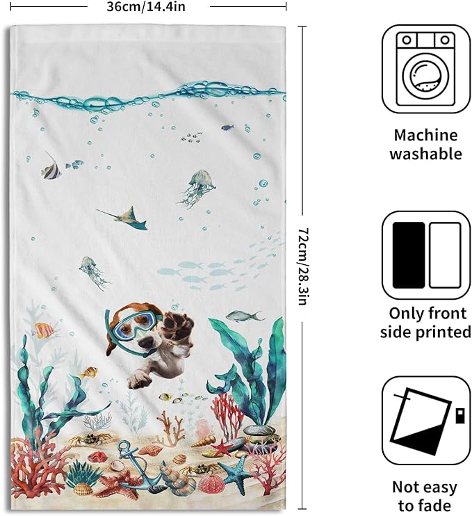 Funny Dog Hand Towels Set of 2 Teal Blue Sea Ocean Small Bath Towels Soft Absorbent Decorative Towels for Kitchen Dish Spa Yoga Guest