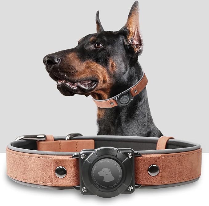 AirTag Dog Collar - Leather Dog Collar with Air Tag Holder | IPX8 Waterproof, Reflective, High - End, Adjustable Soft Padded | Dog GPS Tracker Collars Fit for Medium Large Dogs (Mahogany Brown, XL)