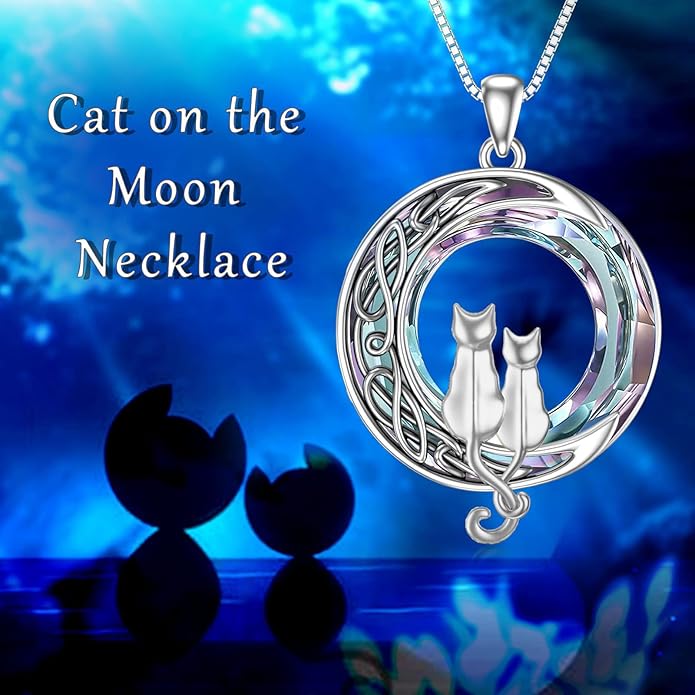TOUPOP Cat Gifts for Cat Lovers 1 2 3 Cats Necklace Sterling Silver Cat on the Moon Pendant Necklace with Blue Circle Crystal Birthday Christmas Celtic Jewelry Gifts for Women