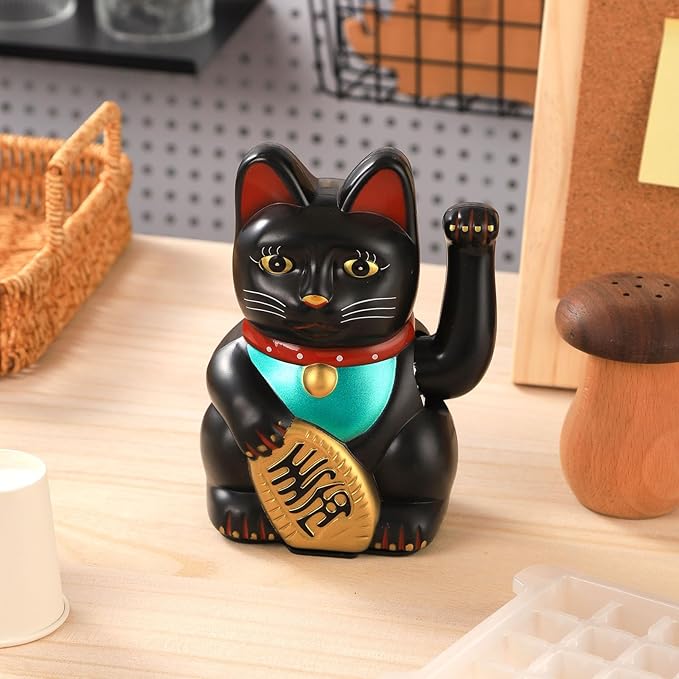 Gold/Black/White Maneki Neko Lucky Cat,Fengshui Cat- Waving Arm Battery Operated for Fortune Money and Good Luck (Black, 5 in)