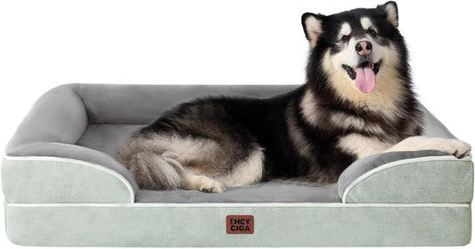 EHEYCIGA Orthopedic Dog Beds for Extra Large Dogs, Waterproof Memory Foam XXL Dog Bed with Sides, Non-Slip Bottom and Egg-Crate Foam Big Pet Couch Bed with Washable Removable Cover, Greyish Green