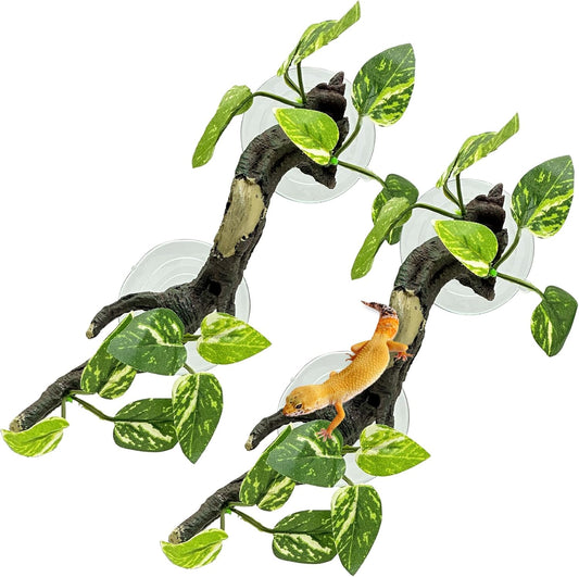 Fhiny Snake Climbing Branch, 2 PCS Resin Reptile Branches for Climbing with Suction Cups Frog Terrarium Plants Reptile Tank Decor Accessories for Frog Corn Snake Lizard Bearded Dragon Gecko