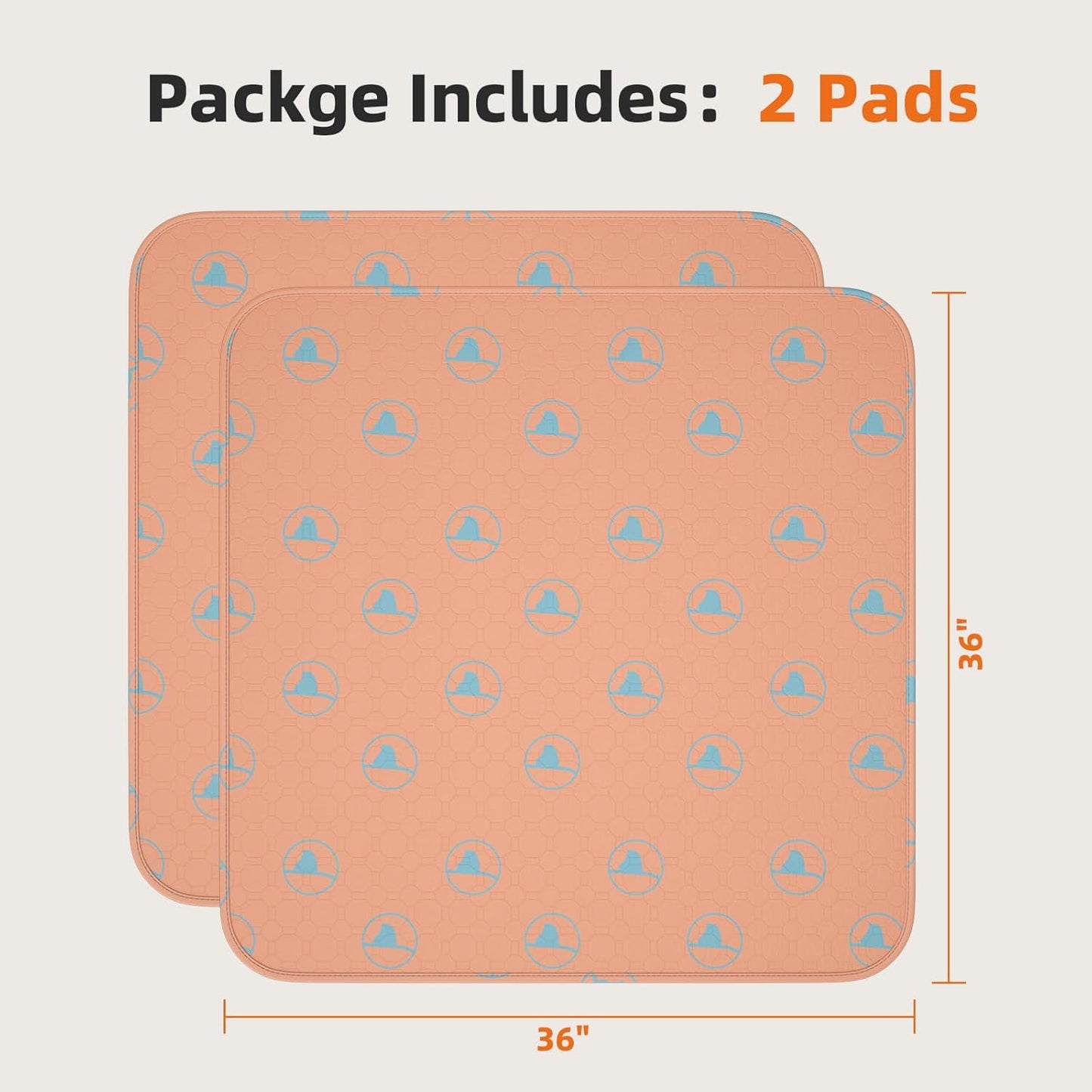 PJYuCien Washable Pee Pads for Dogs 2 Pack, 36" x 36" Reusable Pee Pads for Dogs, Leak-Proof Pet Training Pads, Puppy Pads for Non-Slip, Designed for Dog Pen, Whelping Pad, Potty Training (Orange)