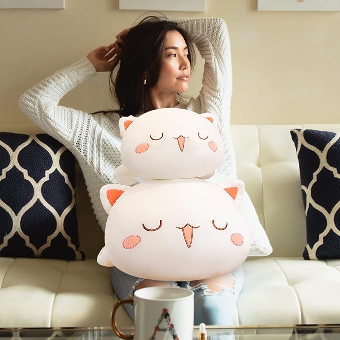 FUYU Cat Stuffed Animals, Soft Cat Plush Pillow Kawaii Kitten Stuffed Animal Toy Gifts for Kids Boys Girls Room Decor (White Squinted Eyes,15in/37cm)