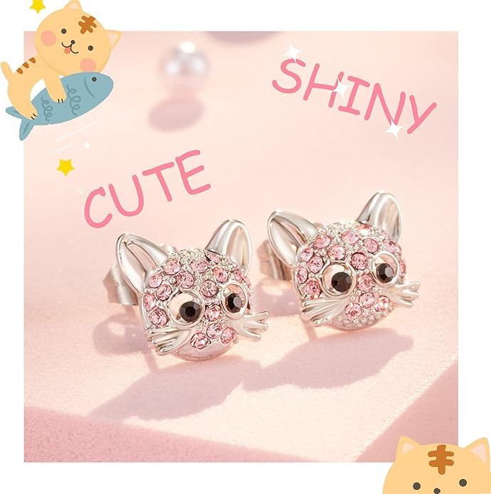 Lanqueen Cute Cat Stud Earrings for Girls Hypoallergenic Cat Cubic Zirconia Earrings for Women Teens Girls