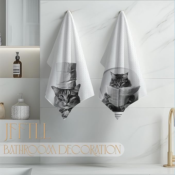 Funny Toilet Newspaper Cat Bathroom Hand Towels, Cat Mom Lady Lovers Gifts, Cute Kitty Kitten Hand Towels for for Bathroom Washroom Restroom Decor, 16x24 Inch Set of 2